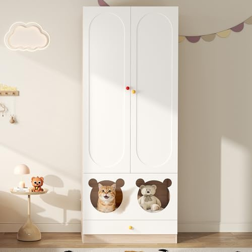 KecDuey Armadio 80×50×200cm con asta appendiabiti, armadio per bambini con letto per gatti, pannelli laccati + pannello truciolare, maniglie in ceramica colorata, bianco + colore legno naturale (1)