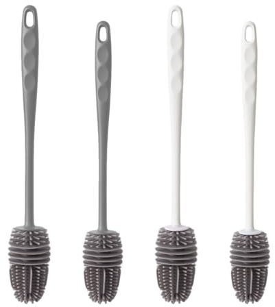 Spazzola per bottiglie in silicone lunga in silicone, adatta per contenitori con collo stretto, bottiglie d'acqua, bottiglie sportive, in vetro, set da 4 pezzi, 28 cm e 32 cm di lunghezza (grigio