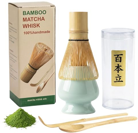 Matcha Kit, PUYUKO 4 Pezzi Kit Cerimonia del Tè Giapponese con Rrusta (Chasen), Cucchiaio (Chashaku), Cucchiaino, Supporto per Frusta Set te Matcha per Cerimonia del Tè