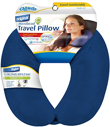 Cloudz Dual Comfort Microbead Airplane Travel Neck Pillow. Super Soft Cozy Plush Fabric on One Side, Cool Relaxing Spandex on The Other! Customize Your Comfort and Support at Home or On The Go!- Blue