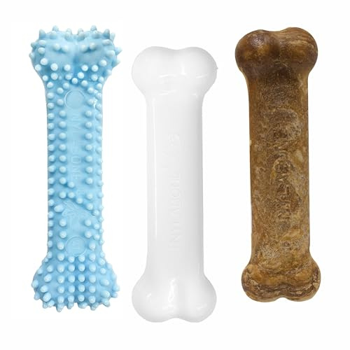 Nylabone Puppy Chew Toys & Natural Treat Triple Pack, Blue, Chicken & Bacon Flavor, Small - Up to 25 Ibs, 3 Pack