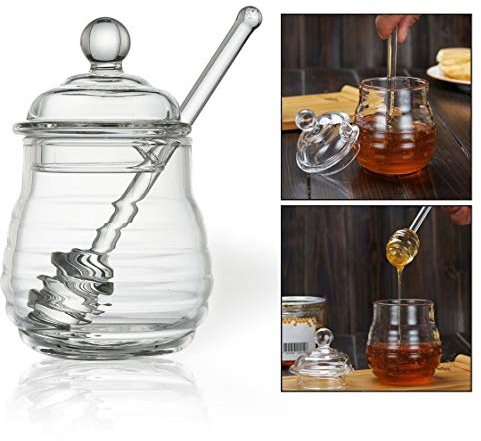 OFKPO Tarro para Miel Vaso Contenedor de Miel con Dosificador, Claro, 9 Onzas
