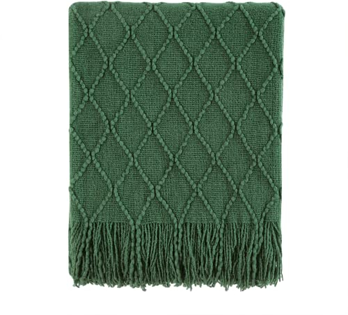 BOURINA Textured Solid Soft Sofa Throw Couch Cover Knitted Decorative Blanket, Dark Green, 127x152cm