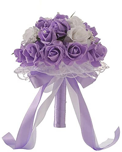 Gshy Bouquet de Mariée Mariage Nuptiale Élégant avec Perles Strass Rose Ivoire Mariée Bouquet Demoiselle d'honneur (Violet)