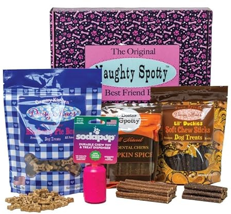 Dog Gift Treat Box with Soda-Shaped Treat Dispenser, USA-Made Dog Treats & Chews, Extra Small Dogs, (Peanut Butter, Blueberry Duck & Pumpkin Flavors).