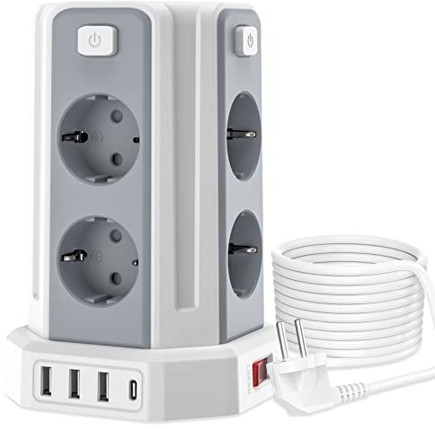 Sameriver Regleta Enchufes Proteccion sobretension (2500W) con 8 Enchufes de Seguridad,Regleta Enchufes con 1 Rápida USB-C y 3 USB-A Regleta Vertical Torre Enchufe, 3M Cordón, Blanco…