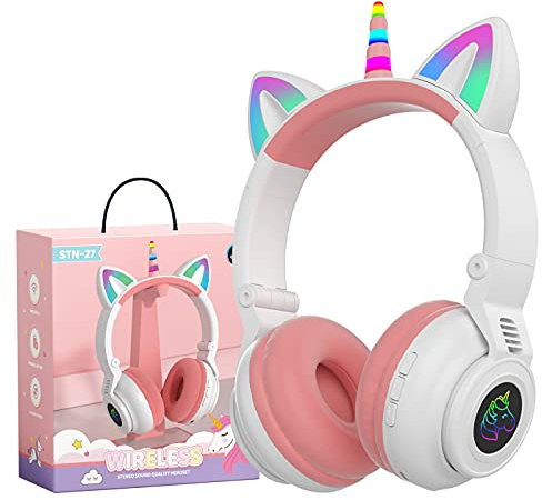 hisonic Einhorn Kopfhörer Bluetooth, kinderkopfhörer ab 3 Jahre, mit Bunte Lichter, Faltbare, Einstellbar, Kabellos und Kabel, Eingebautes Mikfon für Mädchen. (Weiß)