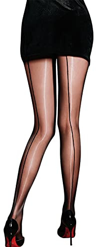 HTRUIYA Women Shiny Backseam Pantyhose Sexy Sheer Seamed Tights Control Top Oil Stocking Pantyhose for Women-Black One Size