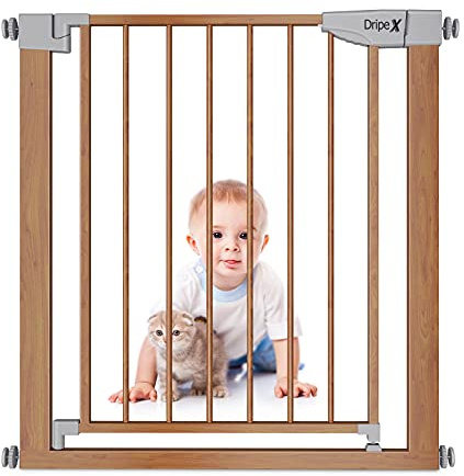Dripex Stair Gate for Baby and Pet, Safety Pressure Fit, Metal Doors Stairs, Adjustable 75cm - 82cm, Auto Close Gate, One-Handed Operation-Wood Pattern Color