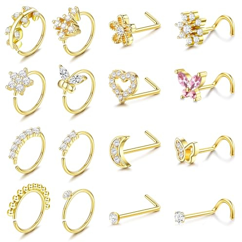 ORAZIO Nose Rings for Women - 14K Gold Filled Hypoallergenic Surgical Steel Nose Ring Hoops 20G Small Cute CZ L Shaped Nose Studs Nostril Piercing Jewelry for Women Men 16Pcs (Gold Tone)