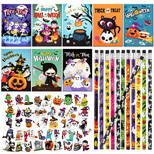 HOWAF Mini Quaderni di Halloween Matite, Tatuaggi Temporanei, Cancelleria per Regalo di Halloween Regalo Festa di Compleanno Gadget Bomboniere Premi Scolastici