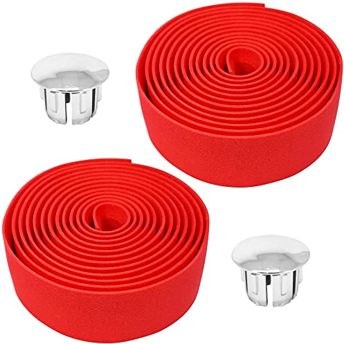cyclingcolors 2x Handlebar tape road bike non-slip EVA-foam adhesive bicycle singlespeed wrap chrom caps, Red