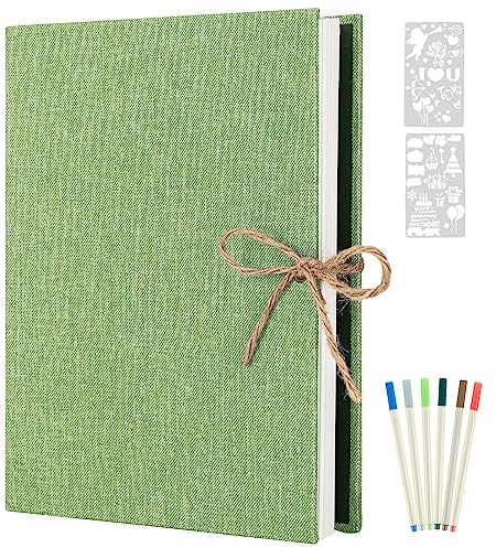 AIOR Photo Album Self Adhesive 60 White Pages, Linen Scrapbook Album DIY Scrap Book with 6 Metallic Pens, Wedding Anniversary Presents Birthday Christmas Gifts (Green)