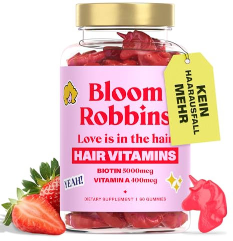 Biotin Haar Vitamine Bloom Robbins - Haarausfall Frau - Haarwachstum Beschleunigen - Hochdosiert Biotin - 60 Gummies, 100% vegan - Haarvitamine mit Vitamin A, E, Zink, Selen - Haarwuchsmittel
