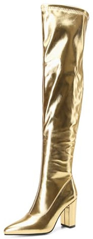 OALEEN Bottes Cuissardes Femme Hiver Sexy Vernis Talon Haute Bloc Bout Pointu Chaussure Métallisée Or 44