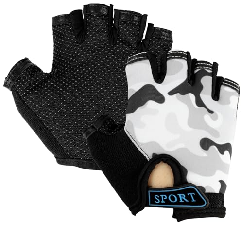 Mecmbj Kind Halb Finger Fahrradhandschuhe, Kinder Sport Handschuhe, rutschfeste Kindersporthandschuhe, zum Radfahren, Bootfahren, Yoga, Skaten, Klettern - Tarngrau (Anwendbare Alter: 6-12 Jahre)