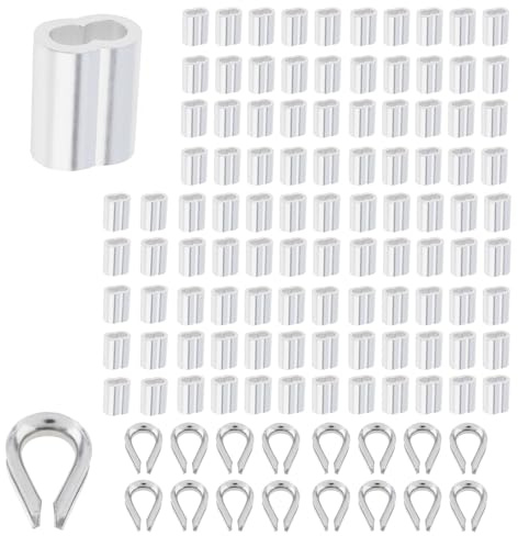 CLAHJQX 100pcs 1/8 Inch Aluminum Crimping Loop Sleeves with 16pcs 1/8 Inch M3 304 Stainless Steel Thimbles Rigging for 1/8 inch Diameter Wire Rope/Cable