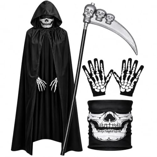 ZZQVIP Costume Faucheuse Adulte avec Cape Noire à Capuche, Masque Crâne, Gants Squelettes et Faux Réglable – Déguisement Halloween Homme pour Soirées, Maisons Hantées et Événements à Thème