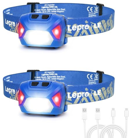 Lepro Lampe Frontale LED Rechargeable Puissante, D500 Torche Frontale LED USB 2000lux Lumière Blanche et Rouge 6 Modes d'Éclairage IPX6 pour Cyclisme, Camping, Randonnée, Bricolage, Bleu - 2 Pcs