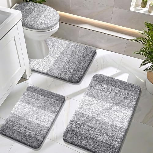 OLANLY Bathroom Rugs Sets 4 piece, Soft Microfiber Absorbent Bath Mat, U-Shaped Contour Toilet Mat and Toilet Lid Cover, Quick Dry, Machine Washable, Toilet Cover and Rug Set for Bathroom, Grey