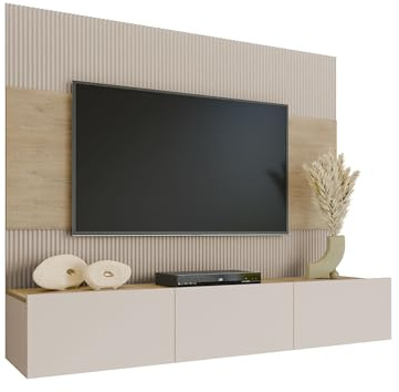 Mirjan24 Wohnwand Deromi, Anbauwand mit Wandpaneele und TV-Lowboard, Akustikplatten, Fernsehschrank, Schrankwand, Mediawand, TV-Lowboard (Sandbeige + Eiche Cremona, ohne Hängeregal)