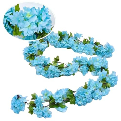 Flower Garland, Artificial Flowers, Blue Cherry Blossom Garland MINWEGI, 2 Pack 2.3M Pink Strawberry Pattern Flower Vines, Plastic Hanging Floral Decor for Home Wedding Party Commercial Space