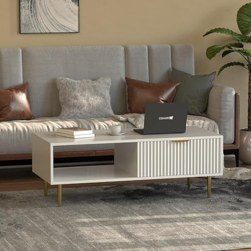 HYGRAD BUILT TO SURVIVE Large Wooden Coffee Table For Living Room With Storage Drawer Modern Styled Rectangular Coffee Table & TV Stand Unit With Gold Legs