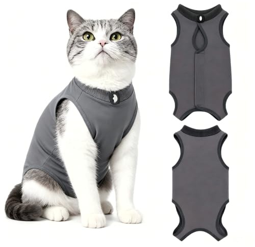 Cat Recovery Suit Post Surgery Bodysuit for Cats, Anti-Lick Pet Vest for Kitten Spaying, Recovery Suit Cat Onesie Clothes for Abdominal Wounds or Skin Diseases (Grey)