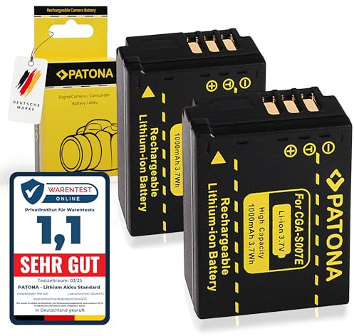 PATONA 2X CGA-S007 Batteria 1000mAh – Ricambio per Panasonic CGA-S007, CGA-S007E, CGR-S007, DMW-BCD10 – per Lumix DMC-TZ1, TZ2, TZ3, TZ4, TZ5, TZ11, TZ15, TZ50 – tiene in vita la vostra TZ da viaggio
