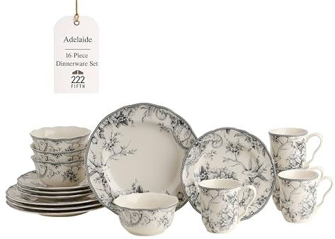 222 Fifth Adelaide 16-Piece Casual Grey Porcelain Dinnerware Set – Service for 4, Classic Toile Bird & Floral Design, Microwave & Dishwasher Safe, for Everyday Dining & Entertainment