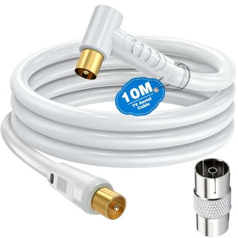 Ancable TV Aerial Cable with Coaxial Adapter 10M White TV Ariel Lead | Right Angled Plug | Coaxial RF Lead Male to Male | Gold-Plated | Satellite Cable TV Antenna