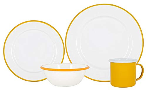 Argon Tableware Coloured Dinnerware Set - 16-Piece - Yellow Dinner Set Lightweight Camping Dinner Plates, Pasta Bowls, Coffee Mugs and Side Plates Dining Set