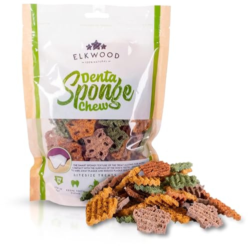 Elkwood Dental Sponge Chews for Dogs, Natural Grain Free, Low Fat, Bitesize Puppy Training Treats | Reduces Plaque & Tartar Build Up | Suitable for All Dog Breeds | 100g