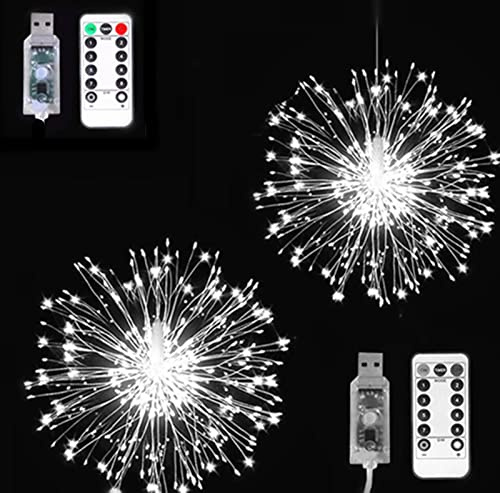 AALIN Luce di fuochi d'artificio, 2 luci Starburst in filo di rame in confezione da 2 azionate tramite USB con 8 modalità di luci fiabesche decorative dimmerabili (150 LED, bianco)