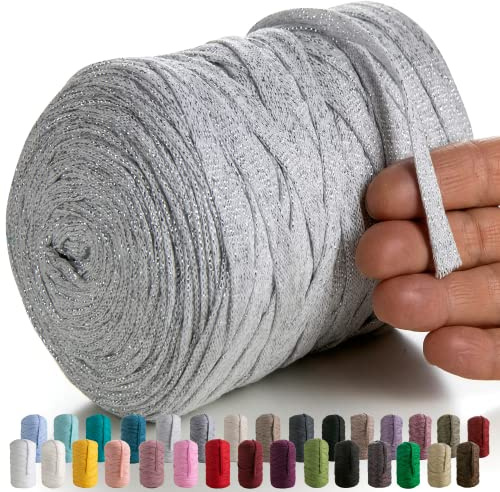 MeriWoolArt® Makramee Textilgarn zum Häkeln und Stricken - DIY glitzern flache T-Shirt Band Garn Dicke 10 mm, 125 m - Recyceltes Baumwollgarn mit Lurex, Viscose (Lurex Asche)