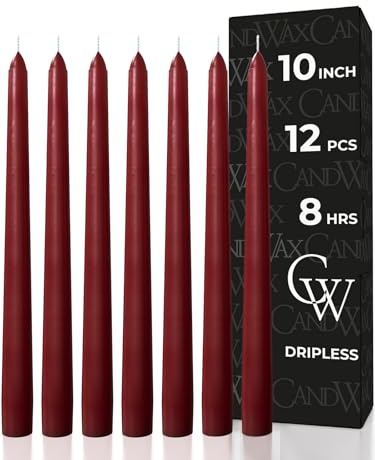 CANDWAX Juego de 12 velas cónicas de color burdeos de 10 pulgadas, sin perfume, sin humo, sin goteo, palitos de vela para fiestas, ocasiones especiales, centros de mesa de comedor, conos burdeos