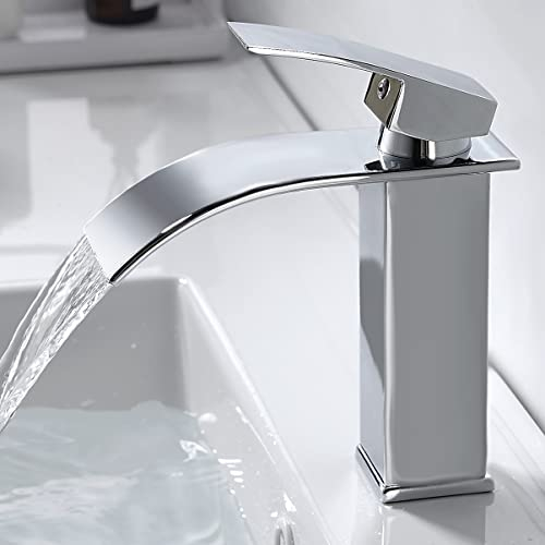 Coleniny Moderne Robinet Salle de Bain Cascade, Design Elégant Robinet Lavabo Cascade, Mitigeur en Laiton, Eau Chaude et Froide Disponible, Bec Hauteur 115mm, Robinetterie Chromé G 3/8