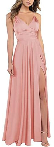xxxiticat - Abito da donna, con spalline sottili, scollo a V, in satin, da damigella, abito formale a linea A, da ballo, da sera, con fessura, XS