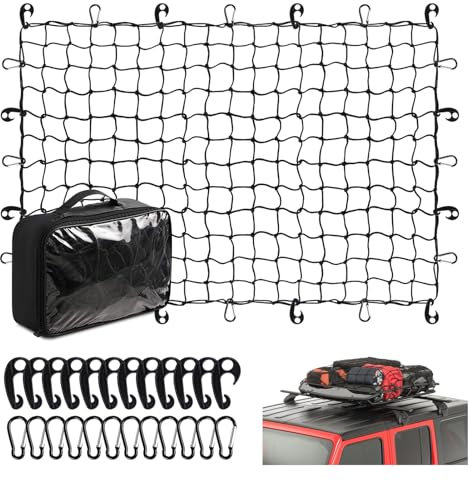 WODHMIEY Net Pickup Cargo, High Grade Latex Cargo Net, 180x120cm/6x4ft Expandable to 540x360cm/18x12ft, with 12 Aluminum Carabiners, 12 Hooks, for SUVs, ATVs, UTVs, Trucks, Trailers, Pickups