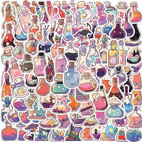 Bkemkri 100 Pièces Magic Potion Bottle Autocollants Mignons pour Bouteille Stickers Esthétiques Kawaii Scrapbook Cartoon Graffiti étanches pour Téléphone Ordinateur Portable D'eau Valise