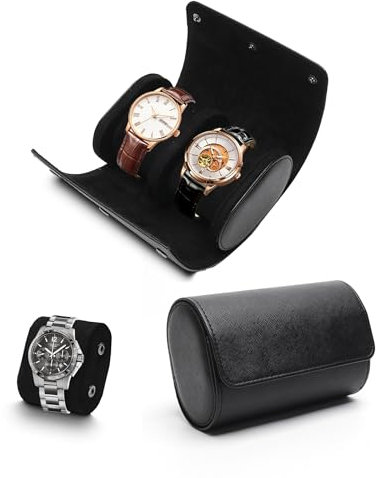 TINGSING 2 Fentes Boîte à Montres en Cuir Rouleau de Rangement pour Montre Affichage Portable Etui à Montres Homme Femme Support Amovible pour Coffret Bijoux Bracelets Cadeau Noël Anniversaire (Noir)