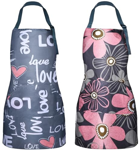 Cobee 2 Pcs Aprons For Women with Pockets, Waterproof Apron Adjustable Kitchen Aprons Baking Aprons, Cooking Garden Apron for Gardening Baking Crafts Unisex(Love)