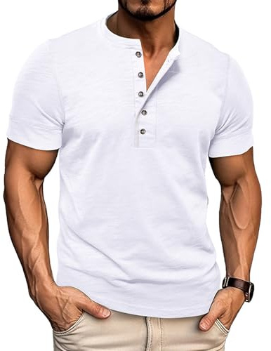 Volemo Tshirt Homme 100% Coton Henley Tee Shirt Manches Courtes | Léger Respirant, Jersey Slub Rayé, Col à 5 Boutons, Regular Fit, Chic Décontracté, Bureau Vacances Soirées Été