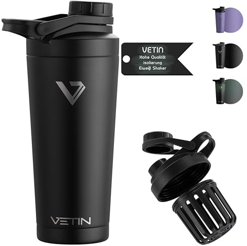 VETIN Thermo Protein Shaker 750 ml, Edelstahl Becher mit doppelwandiger Isolierung, Auslaufsicherer Eiweiß Shaker für Sport & Fitness