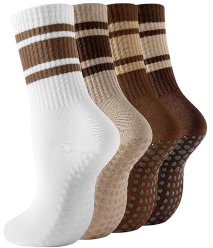 BONANGEL Pilates halkfria strumpor dam yoga grepp bomullsstrumpor för balett, dans, träning, sport, 4 par kaffe brun + beige + vit, 36-40 EU