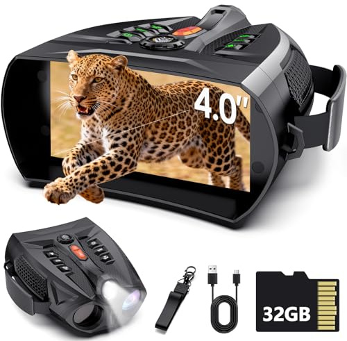 Prismáticos de visión nocturna, gafas de visión nocturna 4K para adultos con IR de 7 niveles, batería recargable de 5000 mAh, tarjeta TF de 32 GB, pantalla HD de 4 pulgadas y linterna para caza