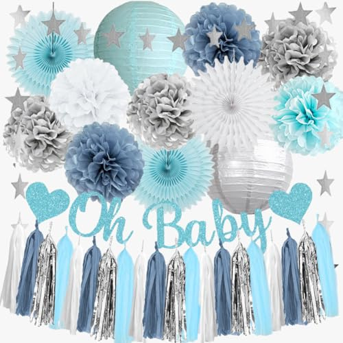 Decorazioni per baby shower azzurro e argento Boy Oh Baby Bianco Argento Dusty Blue Decorazioni per baby shower Ventagli di carta bianca invernale Lanterne con ghirlanda di nappe di carta