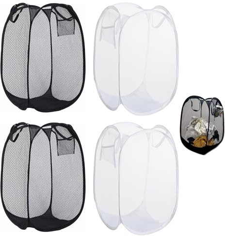 4Pcs Laundry Basket, Foldable Wash Basket, Large Pop Up Mesh Collapsible Washing Storage Baskets with Handle for Laundry, Bathroom Kids Room College Dorm