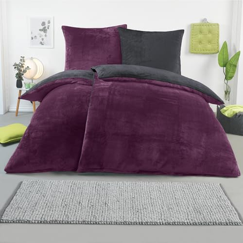BaSaTex Winter Plüsch Bettwäsche Set 4 Teilig Nicky-Teddy Cashmere-Touch | Flauschiger Deckenbezug und Kissenbezug | Größe: 2X 135x200 cm + 2X 80x80 cm | Farbe: Anthrazit Lila