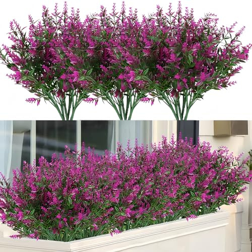 12 pcs Mazzi di Fiori Artificiali Fiori di Lavanda Artificiali da Esterno Piante Artificiali da Esterno Piante Alle Intemperie per Esterni Balcone Interno, Scatola da Balcone da Giardino(Rosso)